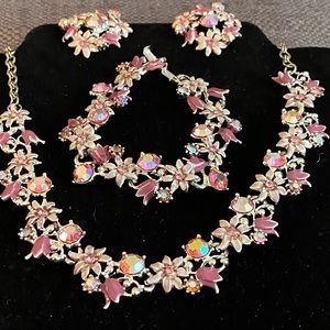 Prom Wedding Holiday Vintage Pink Enamel Rhinestone Floral Silver Jewelry Set